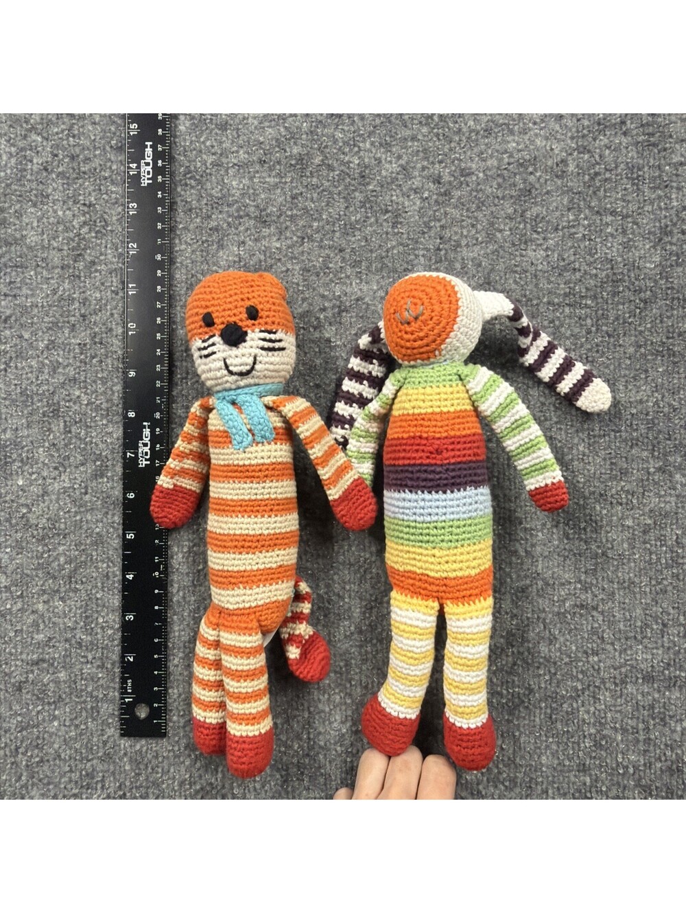 Pebble Handmade Crochet Organic Cotton Bunny  And Tiger Rattle Rainbow Stripes